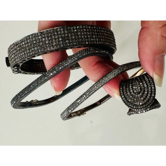 Gunmetal Gray Rhinestone Bangle & Square Bracelets with Matching Ring - Picture 1 of 14